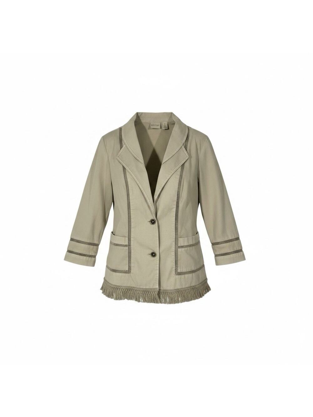 Chicos Zenergy Jacket Womens Size 1 Beige Fringe Hem Open Weave Trim Blazer